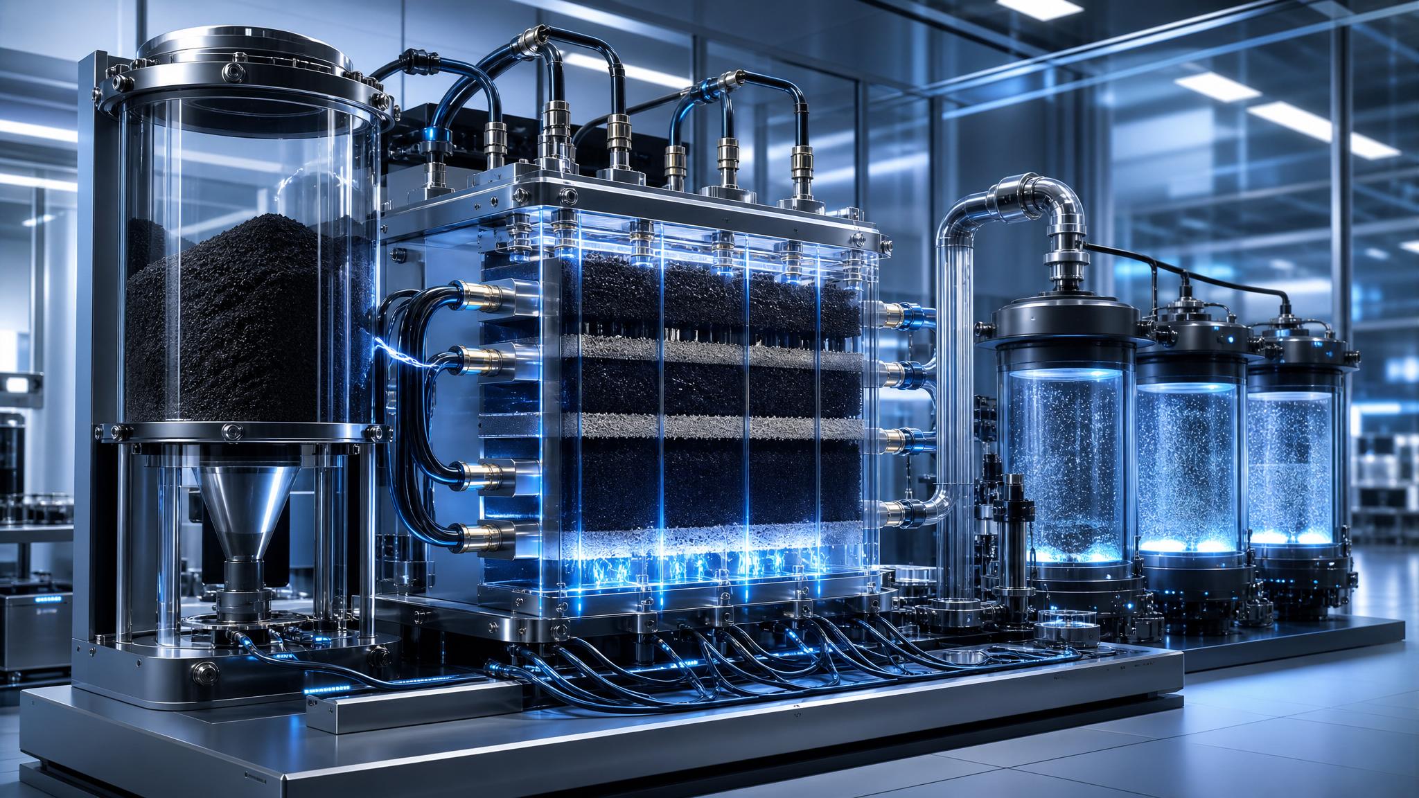 Illustrative clean laboratory coal fuel cell system with carbon capture tanks and electricity cables