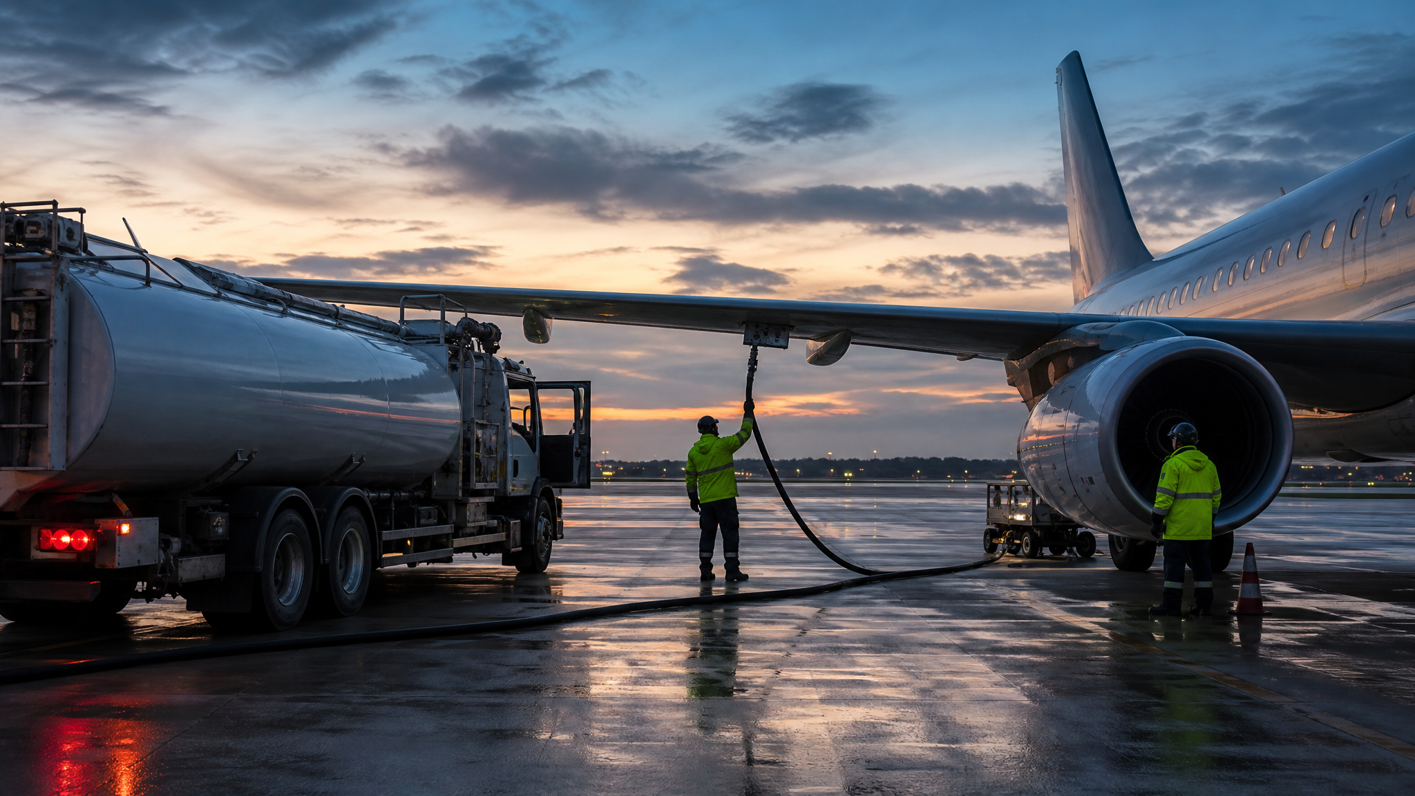 Illustrative photograph of an aircraft being refuelled at an airport at dusk
